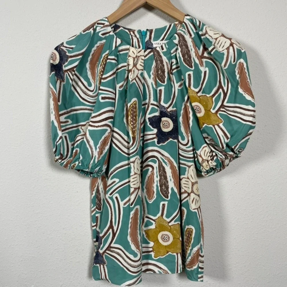 Ulla Johnson Silk Puff Sleeve Blouse 2 Teal Floral Romantic Luxury Boho Top